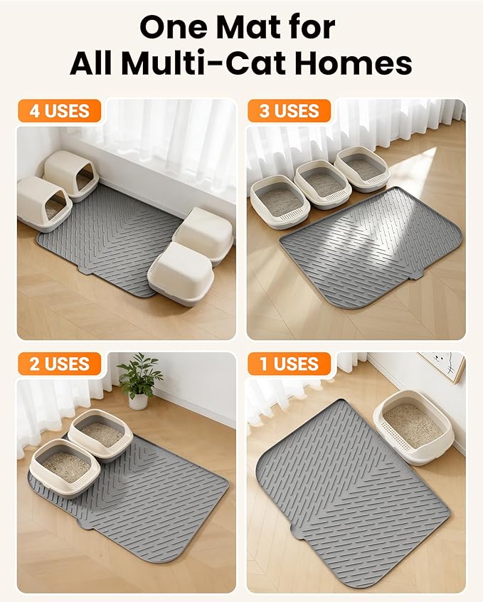 Cat Litter Box Mat, 47" x 37" Extra Large Cat Litter Mat, Silicone Waterproof Litter Trapping Mat for Scatter Control Soft on Kitty Paws Non-Slip Easy to Clean（Grey)