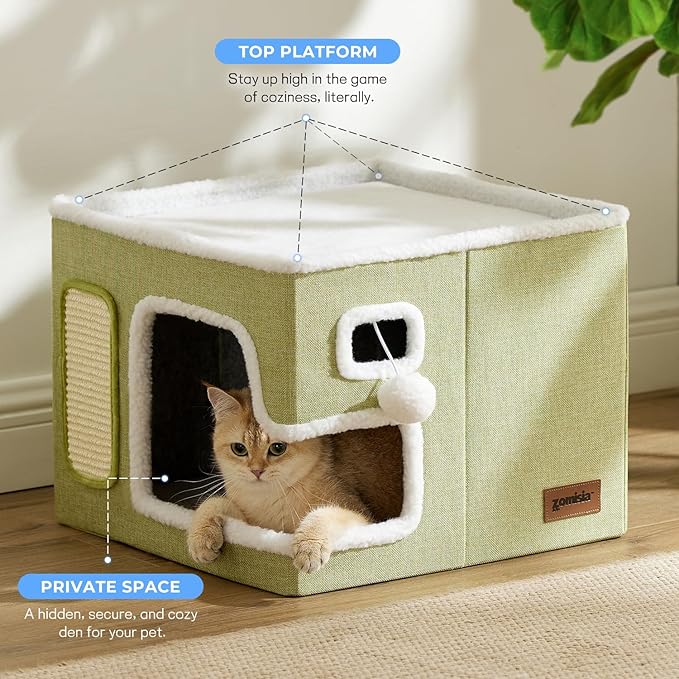 Cat Beds for Indoor Cats - Large Cat House for Pet with Fluffy Ball Hanging and Scratch Pad, Foldable Cat Hideaway,16.5x16.5x13 inches, Green
