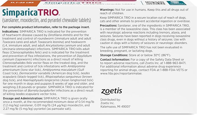 Simparica Trio (sarolaner, moxidectin, and pyrantel chewable Tablets) Chewables for Dogs, 12 mg/tab, 11.1-22 lbs, (Caramel), 1 Tablet