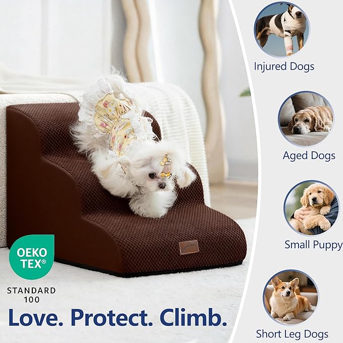 gogobunny Ramp Cat Dog Stairs for Beds, Cat Slope Stairs with Durable Waterproof Fabric Cover, Pet Steps for Old Large Dogs Climbing (Brown, 4-Step (28.3" D x 15.7" W x 19.7" H), 4)