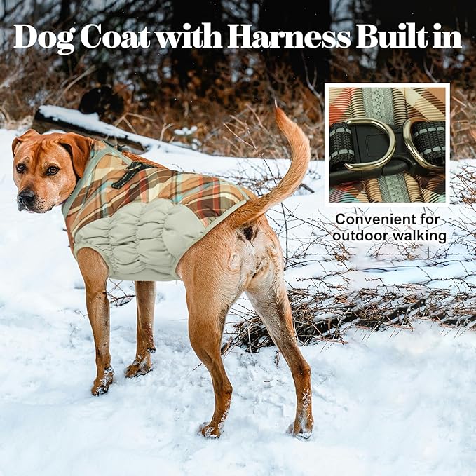 Lelepet Warm Dog Winter Coat Dog Coats for Large Dogs Waterproof Dogs Jacket with Harness Built in Reflective Cold Weather Coats Windproof Zip-Up Winter Fleece Vest Snowsuit Boxer Brown Plaid XL
