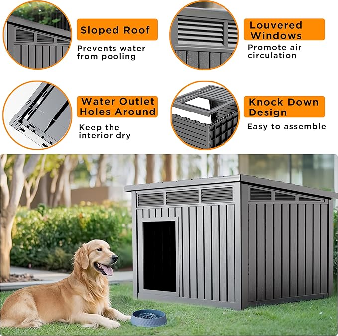 DRATO Large Dog House Outdoor for Indoor with Weatherproof & Removable Roof,Fits Small to Large (Gray, 42.87 * 32.95 * 31.61'')
