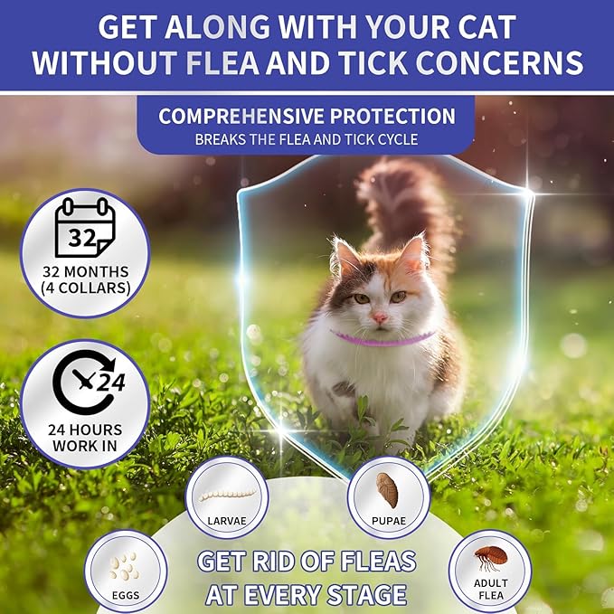4 Pack Flea Collar for Cats, 32 Months Flea and Tick Prevention for Cat, Waterproof & Natural Cat Flea and Tick Treatment, Adjustable for Cats Kittens(Blue&Pink)