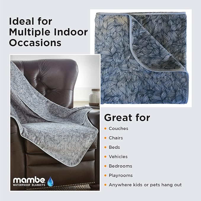 Mambe Silky Waterproof Throw for Protecting Furniture Bed Couch from Stains Caused by Dogs, Cats, Incontinence. Soft, Washable, Reversible. (Size Large 70x90 inches, Color Serene)