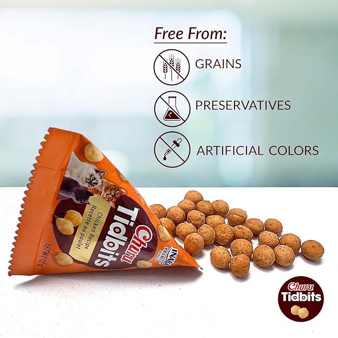 INABA Churu Tidbits for Cats, Soft & Chewy Churu Filled, Baked Chicken Cat Treats with Taurine & Green Tea Extract, 0.42oz per Pack, 8 Packs Total, Tuna Recipe