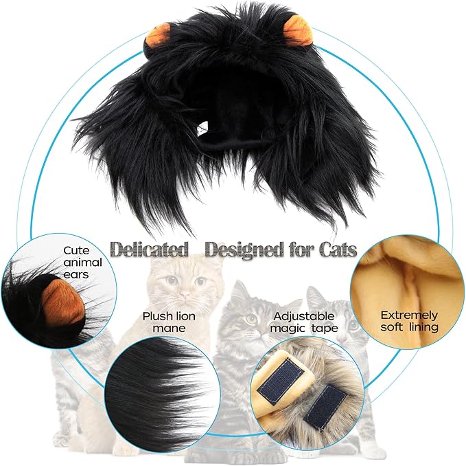 Lion Mane Wig for Cat Costume Pet Adjustable Washable Comfortable Fancy Lion Hair Cat Clothes Dress for Halloween Christmas Easter Festival Party Activity (Medium, Black)