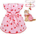 2-Piecs Cotton Detachable Pet Cat Dog Collar with Strawberry Pendant and Bell + 1-Piece Small Dog Cat Dress, Girl's Cat Costume, Cute Bow-Decorated Outfit, Strawberry Print Pet Birthday Set (Large)