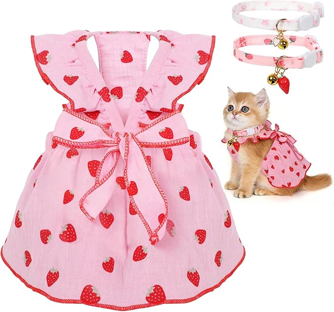 2-Piecs Cotton Detachable Pet Cat Dog Collar with Strawberry Pendant and Bell + 1-Piece Small Dog Cat Dress, Girl's Cat Costume, Cute Bow-Decorated Outfit, Strawberry Print Pet Birthday Set (Medium)