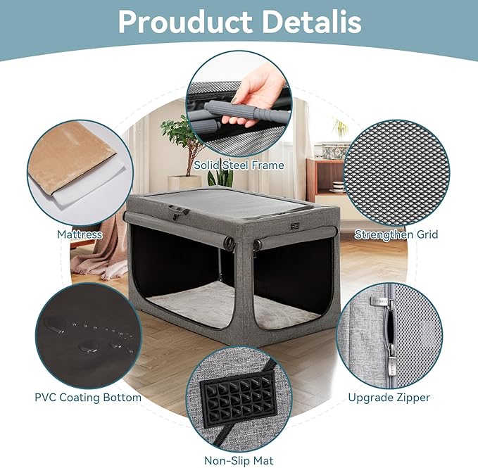 PETSFIT Portable Dog Crate for Medium Large Dogs, – 36" Soft Dog Travel Crates with Lockable Zippers & Thicken Mat, Adjustable Patented Spiral Steel Frame, Collapsible Kennel for Indoor & Outdoor