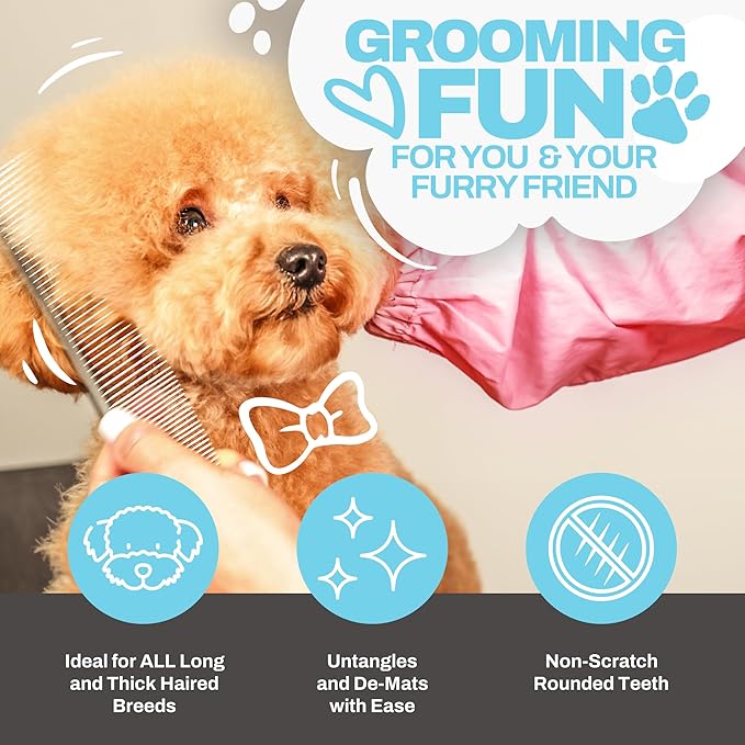 Dog Combs for Grooming Matting, Finishing Metal Comb For Dogs, Large Stainless Steel Doodle Dog Grooming Combs, Tackles Mat & Tangles for Poodles, Labradoodle, Cockapoo Pet Comb