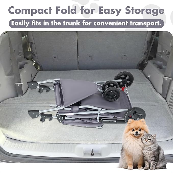 DUMOS 3 Wheels Pet Stroller for Small Dogs and Cats – Foldable Dog Stroller with Mesh Windows, Storage Basket & Cup Holder, Lightweight & Durable Pet Carrier for Travel, Outdoor Use – Grey
