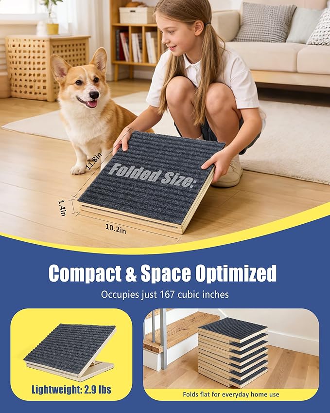 Pet Stair Ramp for Small Dogs, 4 Pack Foldable Wooden Dog Steps for Stairs, Anti-Slip Low-Angle Support for Senior, Short-Legged & Injured Pets