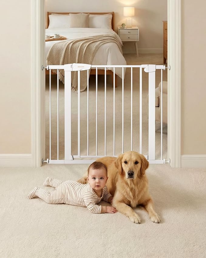 Baby Gate for Stairs, 29.92-38.98” Wide Pressure Mounted Baby Gate No Drill Needed, Auto Close Dog Gate for Doorways, Easy Walk Through Safety Child Gates for Toddler & Pet/Puppy, Indoor, White