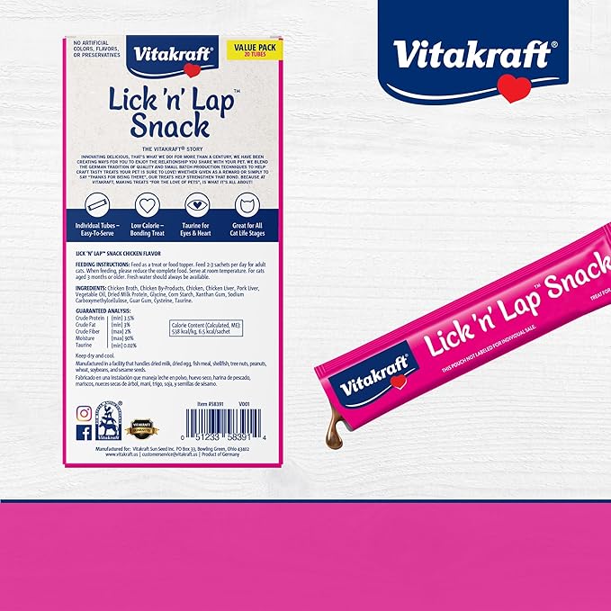 Vitakraft Lick 'n' Lap Snack Creamy, Cat Treat with Real Chicken, 16 Count