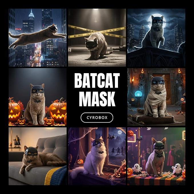 Bat Mask and Collar Badge Set, Funny Pet Costume Accessories for Indoor Cats, Superhero Outfit for Halloween, Cosplay, Photoshoots, and Gift for Pet Lovers (Medium)