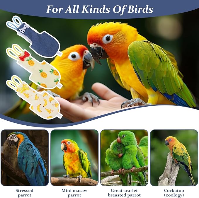 3Pcs Bird Diaper, Washable Bird Diaper, Reusable Flight Suit with Waterproof Inner for Pet Birds, Cute Diapers for Parrots Conure Cockatiel
