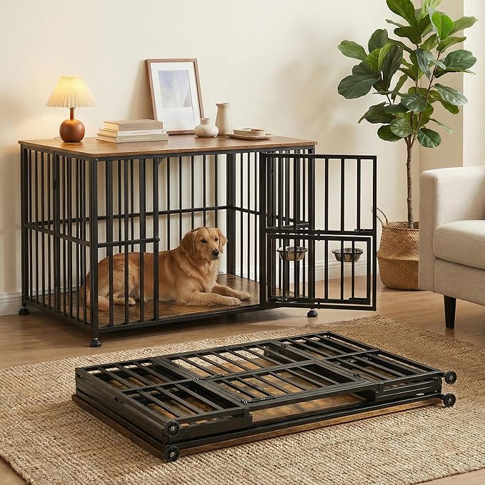 48" Dog Crate Furniture Foldable, Large Dog Kennel Furniture with Swing-Out Bowl & Dual Base Sets (Feet+Wheel), No Assembly Foldable Dog Crate Furniture, End Table for Large Dogs, Rustic Brown