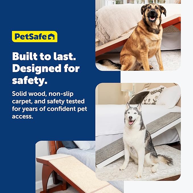PetSafe CozyUp Bed Ramp - Supports Pets Back & Joints - High Traction Carpet Surface - Furniture-Grade Wood - Cherry or White Finish - Heavy Duty Bed Access Ramp - White