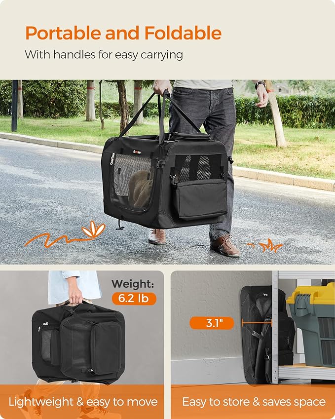 Feandrea 28 Inches Collapsible Soft Dog Crate, Portable Travel Dog Crate for Indoor and Outdoor Use, Dog Carrier Kennel with Safety Zippers, for Living Room, Car, Travelling, Black UPDC70H