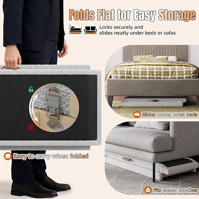 Dog Ramp for Bed – Foldable Wooden Pet Ramp with Soft Plush Fabric Cover 14"–20" Adjustable Height, Non-Slip Surface & Wide 17.7" Platform–Supports Small to Large Dogs up to 200 lbs