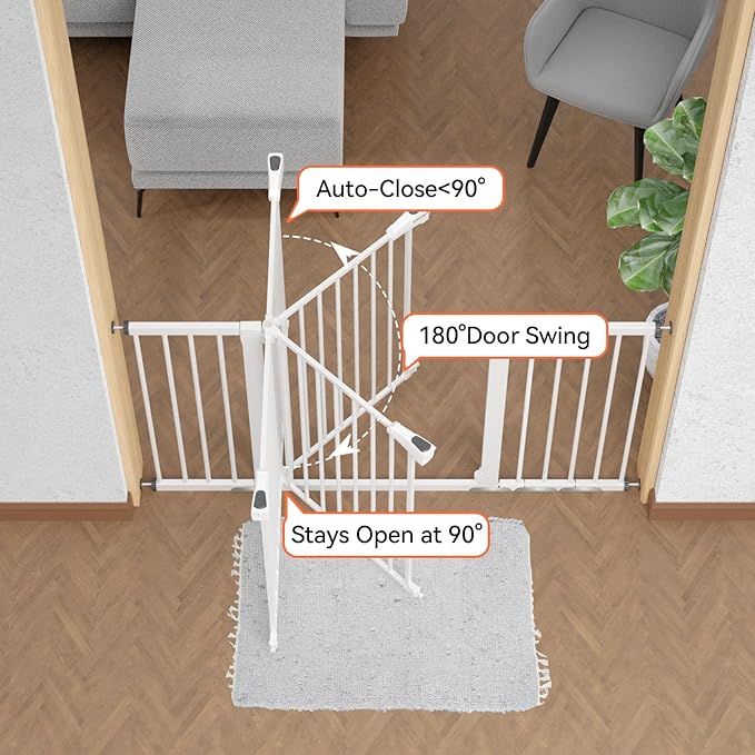 Babelio 36-57" Extra Wide Baby/Dog Gate, Auto Close with Large Walk Thru Door,Safety for Pet, House, Stairs and Doorways, Pressure Mounted for Chlid, White