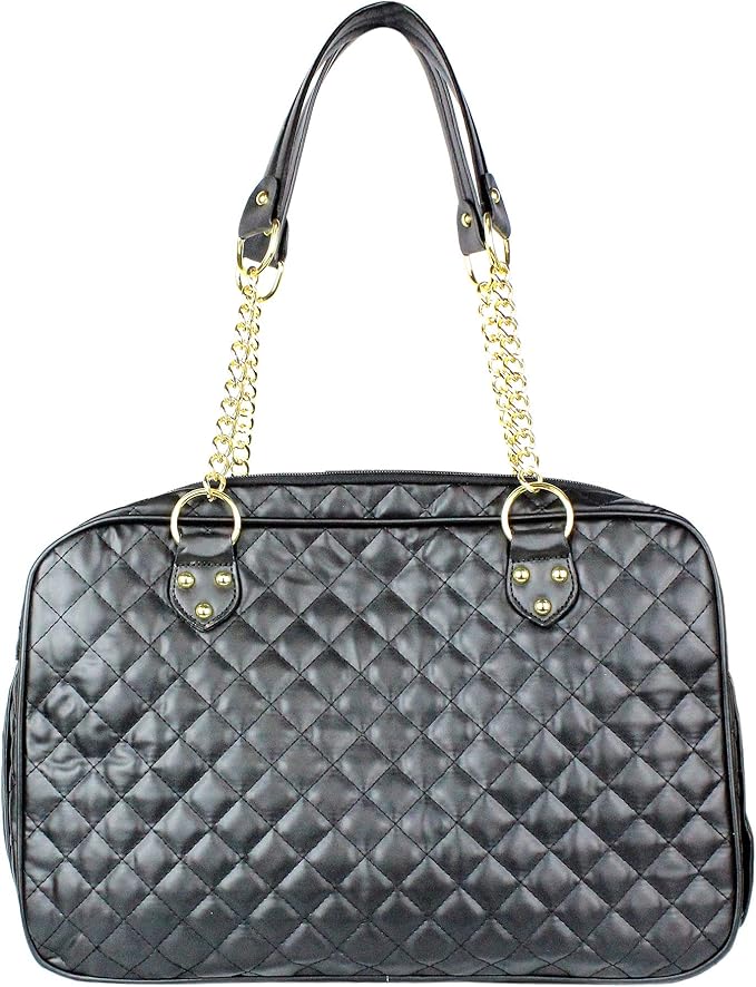 Parisian Pet Dog Purse - Fashion Pet Carrier for Small & Medium Dogs - Breathable, Black, Golden Chain Puppy Carrier Handbag