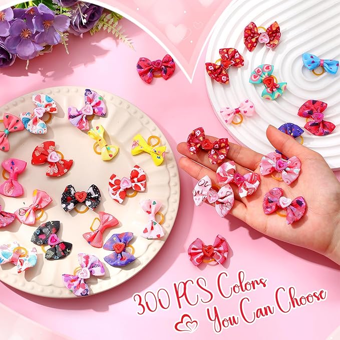 Reginary 300 Pack Dog Bows Grooming Cute Dog Hair Bows Girl with Rubber Bands Small Puppy Bowknots Colorful Hair Accessories for Dogs Puppies Pets Gift (Heart Style)