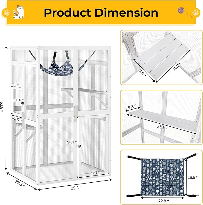 COZIWOW Upgraded Outdoor Cat Catio with Window Access & Jumping Platforms, Weatherproof Wooden Cat Enclosure for Patio/Garden/Backyard (White, 2 Platforms + Hammock, Supports 44lbs)