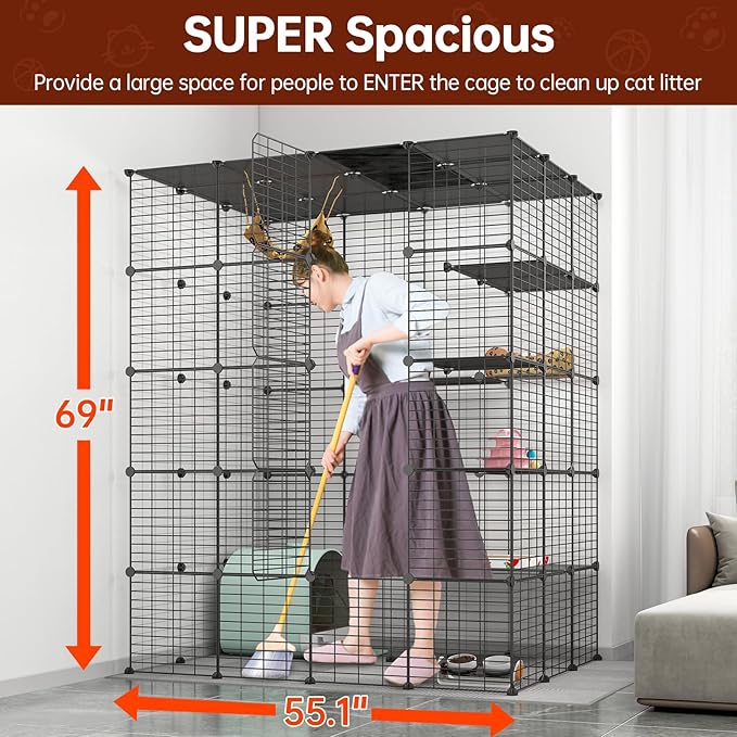 Oneluck 5-Tier Extra Large Cat Cages Indoor, 69 Inch Enclosure, Catio DIY Cat Playpen Detachable Metal Wire Kennels Cat Crate Exercise Place Ideal for 1-4 Cats(Without Platform)