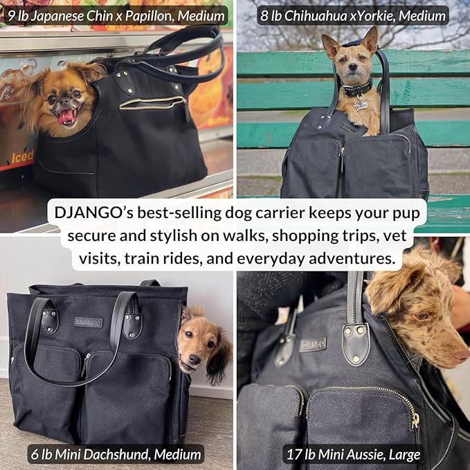 DJANGO Waxed Canvas & Leather Dog Carrier Tote Bag – Premium Soft-Sided Travel Dog Purse with Safety Leash, WR Lining, & Large Zipper Pockets – Everyday Pet Carrier for Small Dogs (Black, Medium)