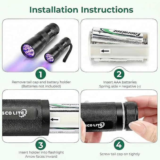 ESCO LITE 2 Packs Black Light Flashlight, 12LED 395nm UV Handheld Black Light Mini Flashlight, Dogs Urine Detector for Dry Urine Stains, Bed Bugs, Scorpions
