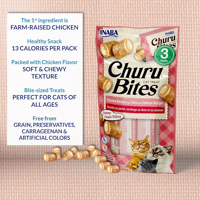 INABA Churu Bites for Cats, Soft Baked Chicken Churu Filled Cat Treats with Green Tea Extract, 0.35 Ounces Each Tube, 18 Tubes Total (3 per Pack), Chicken Recipe (Pack of 2)