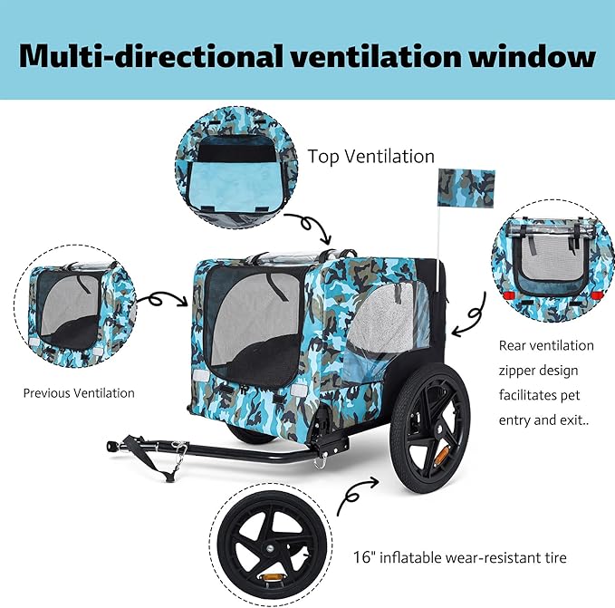 Anwick Dog Bike Trailer, Heavy Duty Dog Trailer for Bicycle, Cart Pet Bike Carrier with 3 Doors, 16" Wheels, Flag, Collapsible to Store, Pet Cart Bicycle Carrier for Small and Medium Pets