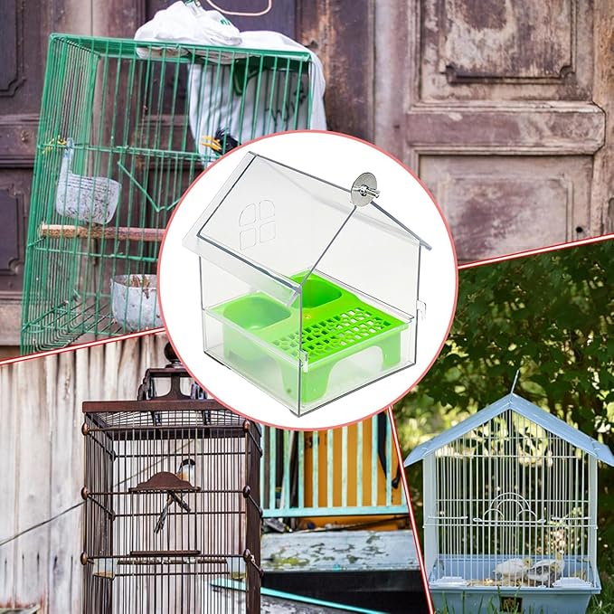 Pull-Out External Parrot Feeder, Clear Hanging Bird Feeder House, No Mess Bird Feeders for Cage, Birds Feeding & Watering Supplies for Parakeet Canary Cockatiel Finch (Green)