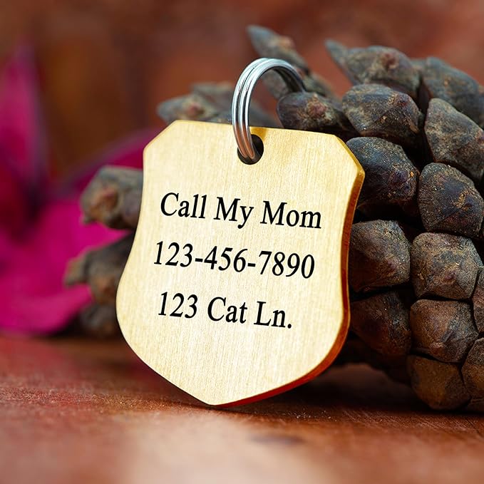 Ultra Joys Cat ID Tag Personalized Pet Tags, Durable Stainless Steel Small Pet Mini Dog Cat Tag Lightweight - Shield Tag in Gold