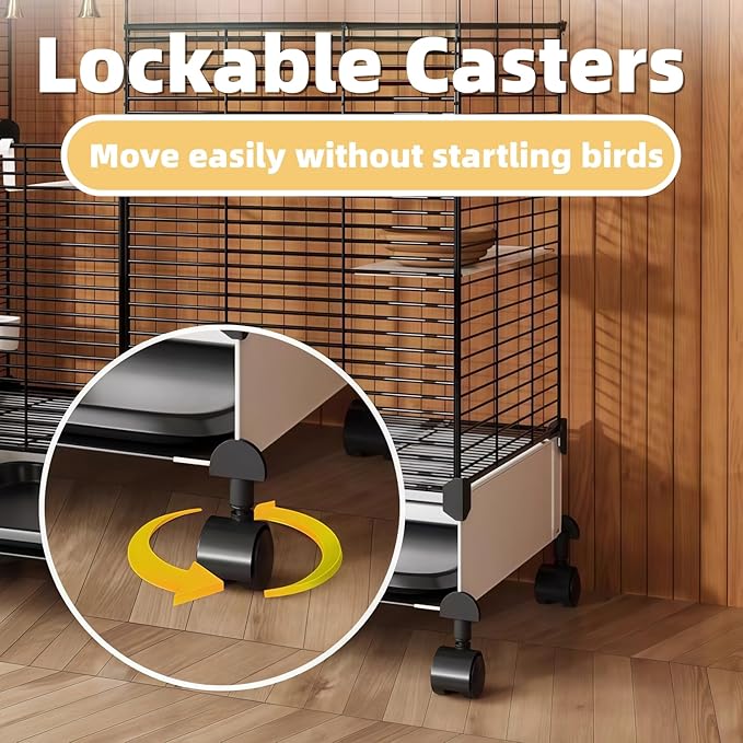64 Inch 3-Tier Big Bird Cage with Food & Water Bowls Parakeet Bird Cage with Stand, Wheels Metal Birdcage Parrot Cage for Parakeet, Lovebirds, Ringneck, Cockatiels (Black, 3-Tier)