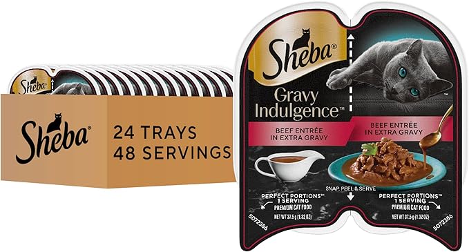 Sheba Gravy Indulgence Adult Wet Cat Food, Wet Food for Cats Beef Entree in Extra Gravy, 2.6 oz. Twin-Pack Trays (24 Count, 48 Servings)