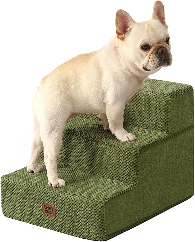 EHEYCIGA Dog Stairs for Small Dogs 13.5" H, 3-Step Dog Steps for Couch Sofa and Chair, Pet Steps for Medium Cats, Non-Slip Balanced Pet Ramp Indoor, Olive Green