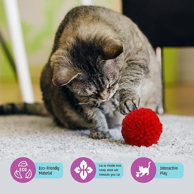SPOT Wool Pom Poms Cat Toy - Interactive Wool Balls Cat Toy with Catnip for Cats and Kittens to Bite, Swat and Chase - 1.5 inch, 4 pcs (Pack of 2)