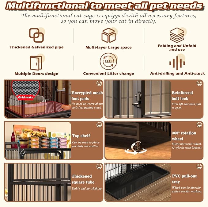 Multi-Tier Collapsible Cat Cage Crate, cat playpen for Indoor with 360° Wheels, Metal Wire Cat Kennel with Secure Lock, Large Ferret Playpen for Adult Cats Kitten Chinchilla (White 3-Tier)