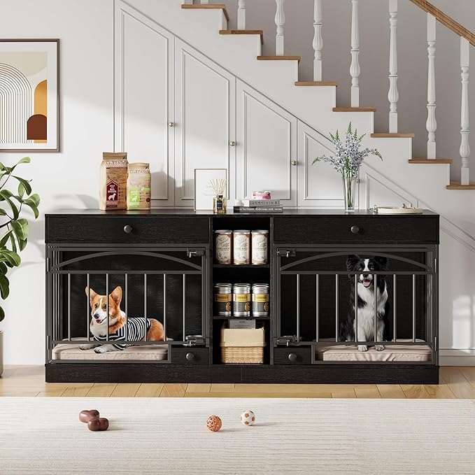 GAOMON Dog Crate Furniture for 2 Dogs, 78.7'' Large Dog Kennel Indoor with 2 Storage Drawers, 3 Shelves and Feeding Bowls, Double Dog Crate TV Stand for Small and Medium Dogs, Black