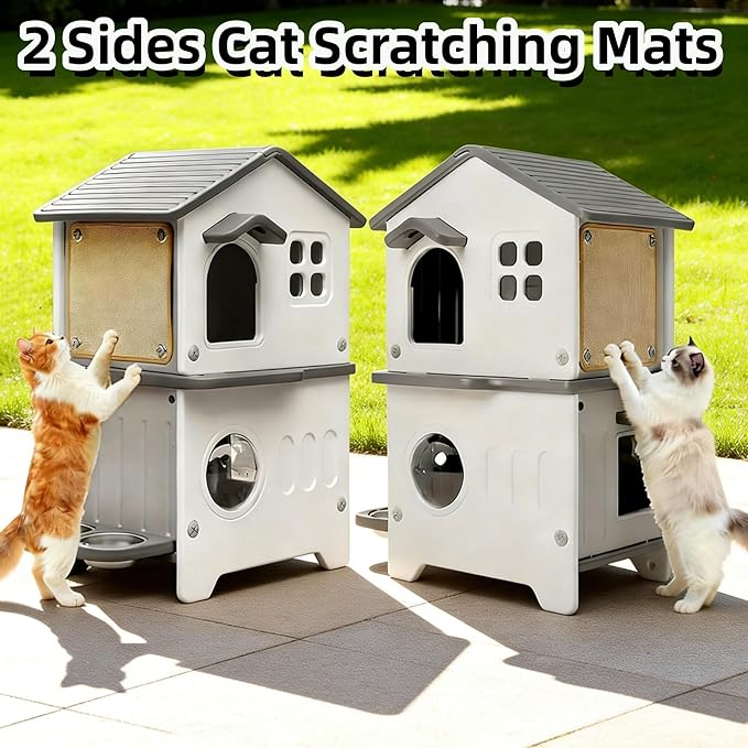 Insulated Outdoor Cat House Weatherproof for Feral Multi Cat, 2 Story Plastic Elevated Cat Shelter with Escape Door, Scratching Post, Stainless Steel Bowl, Grey 35" D x 15" W x 20" H