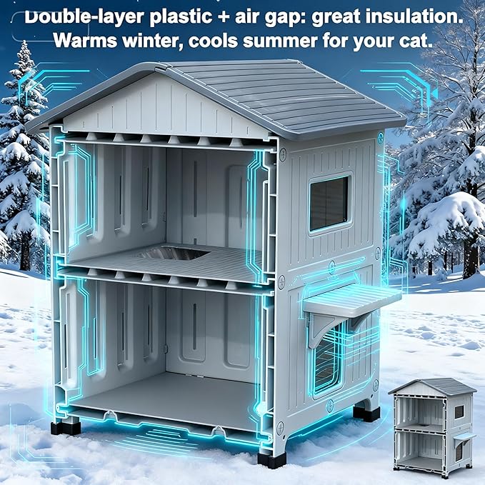 Weatherproof Outdoor Cat House for Feral Multi Cat, 2 Storey Insulated Elevated Plastic Cat Shelter with Escape Door, Easy Assemble, Expansive Interior‌ White 34" D x 21" W x 21.5" H