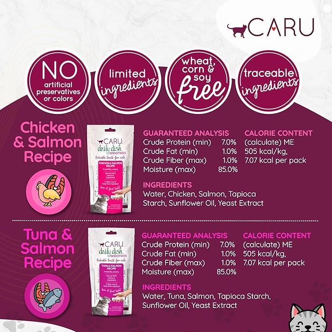 Caru - Daily Dish Smoothies - Lickable Chicken & Salmon Cat Treat - 4 Pouches per Pack - Pack of 6