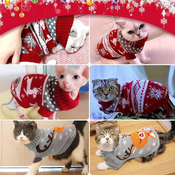 HYLYUN Cat Christmas Sweater 2 Packs - Puppy Christmas Sweater Pet Reindeer Snowflake Sweaters for Kittys and Small Dogs L