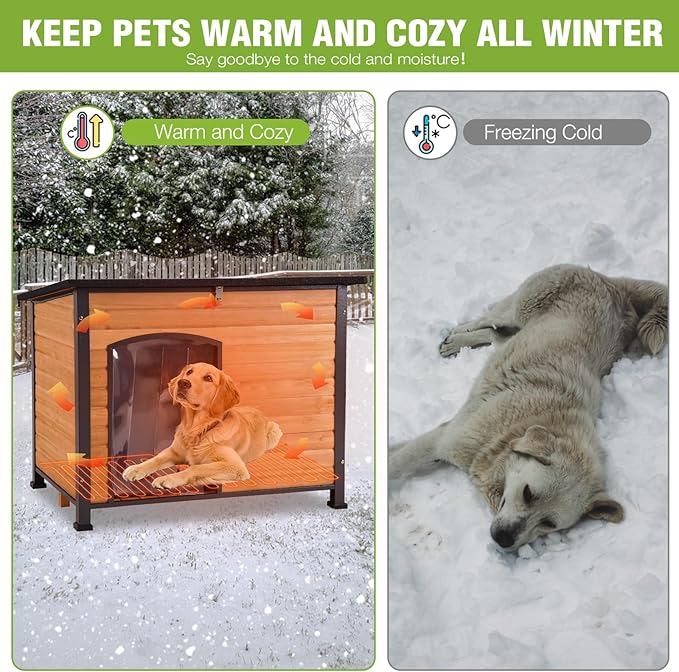 GUTINNEEN Extra Large Heated Dog House Outdoor Insulated Dog House Weatherproof Dog Kennel with Thermostat-Controlled Heating Pad, 6-Sided Thermal Liner, Chew-Proof Metal Frame for Large Dog Breeds,XL