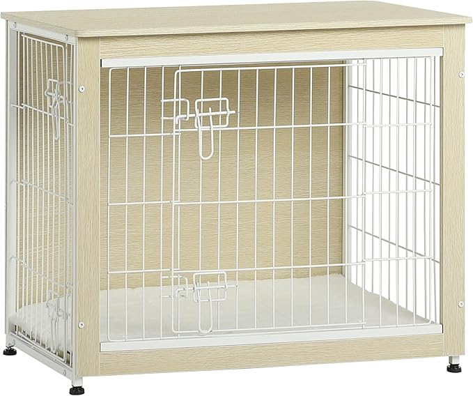 DWANTON Dog Crate Furniture with Cushion, Wooden Kennel Table with Double Doors, Indoor Dog House, Medium Size, 32.5" L, White Oak