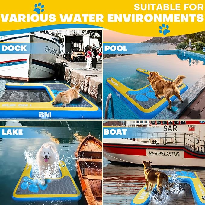 Beyond Marina Dog Pool Ramp - PUP ON! Inflatable Dog Water & Boat Ramp for Lake & Dock, Floating Pontoon Dock Ladder with Non-Slip EVA Platform, Extra Large 5 ft x 4 ft, Blue/Yellow, Supports 230 lbs