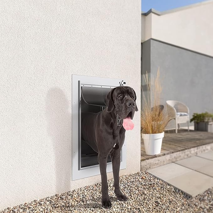 Baboni Pet Door for Wall,3-Flap,Steel Frame and Telescoping Tunnel, Aluminum Lock, Double Flap Dog Door and Cat Door, Strong and Durable (Pets Up to 100 Lb) -Large