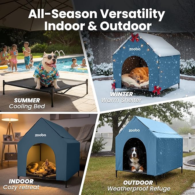 36" Large Dog House for Large Dog Indoor or Outside, Weatherproof 600D PVC Outdoor, Featuring Breathable 2x1 Textilene Elevated Dog Bed, Easy Clean (Blue)